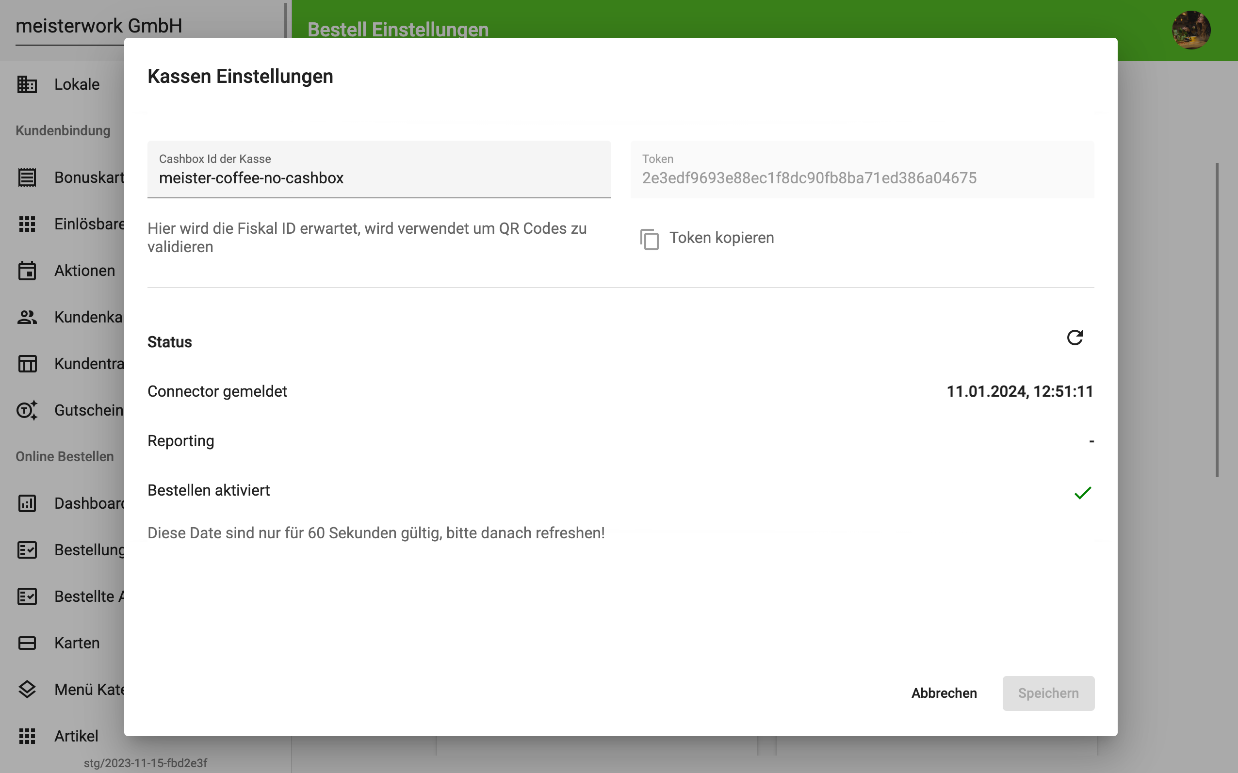 Kassen Einstellungen - Connector Status