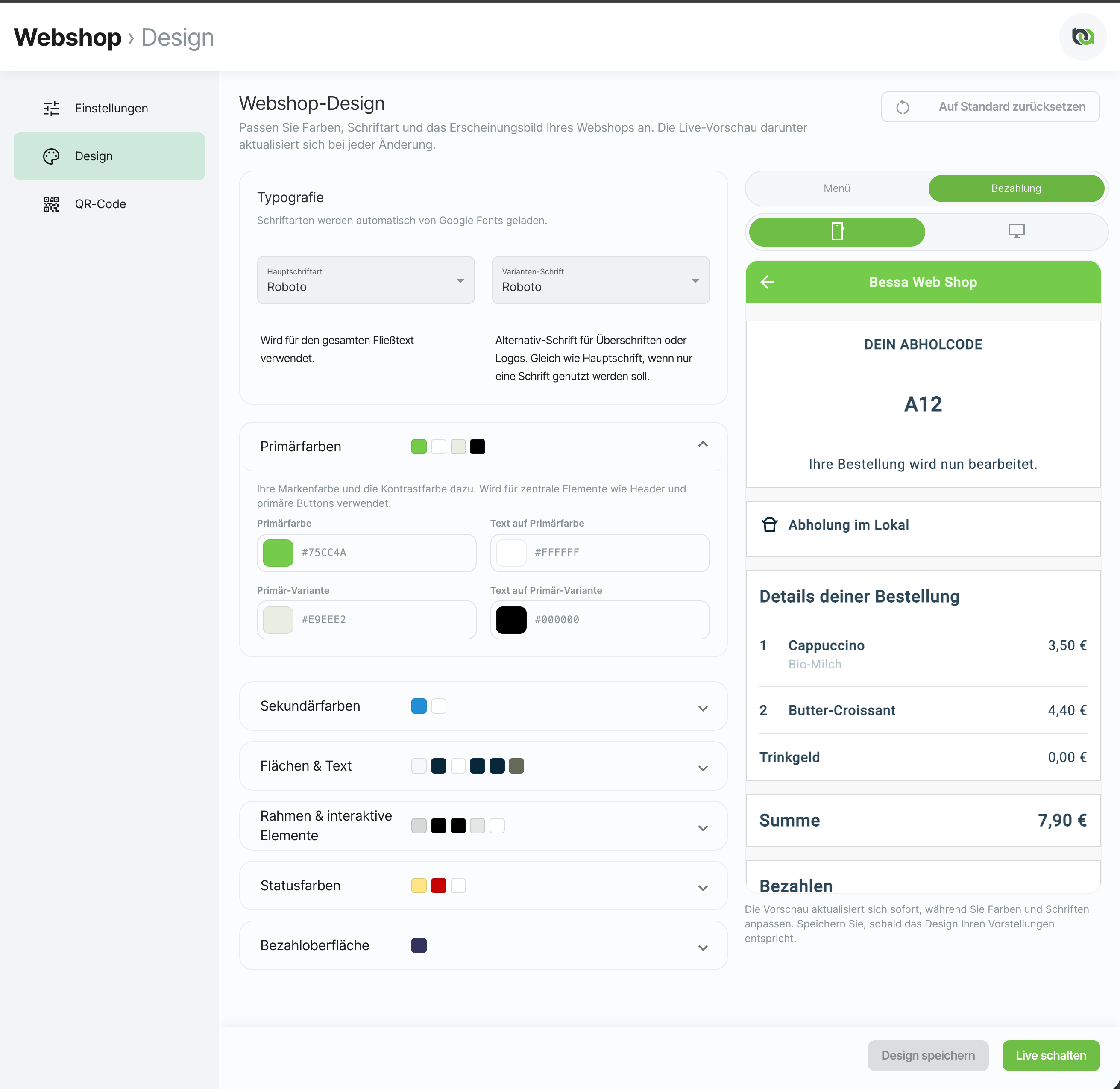 Vorschau des Bezahlschritts mit Abholcode