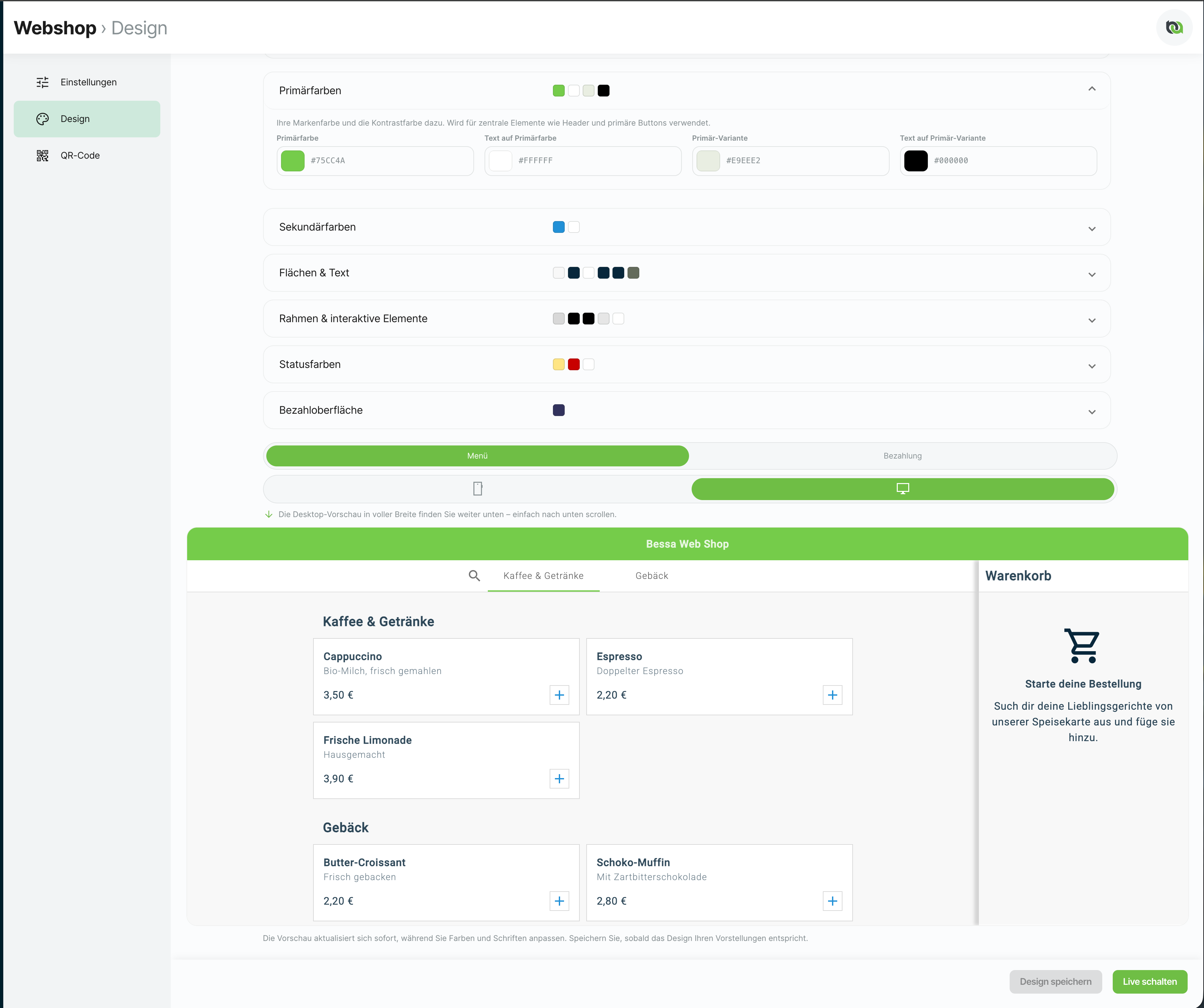 Preview in desktop view with the cart column