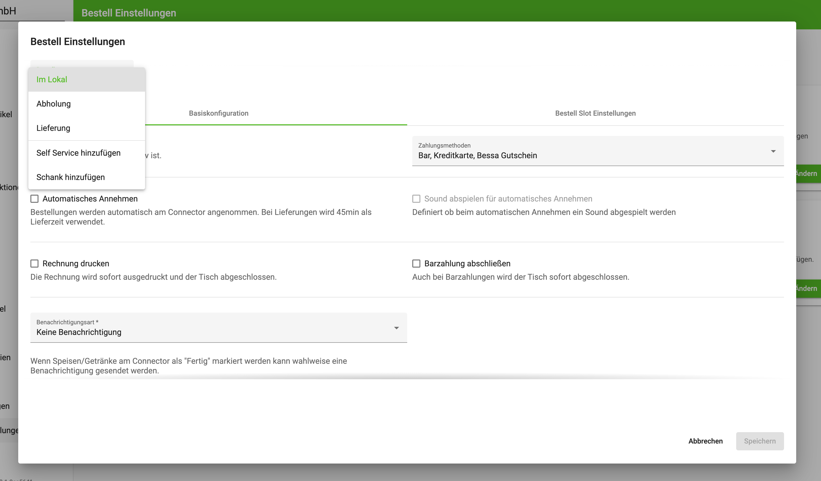 Bestelltyp Einstellungen - Dialog